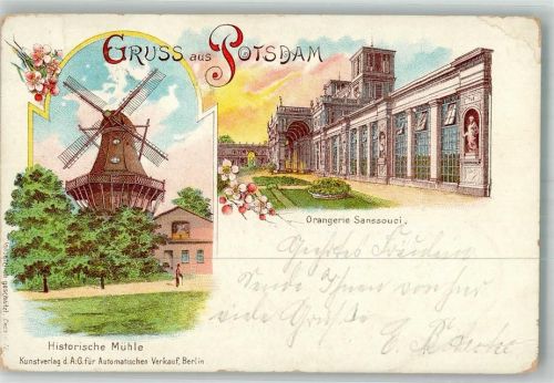 Potsdam 1898 Lithographie Historische Mühle Orangerie Sanssouci