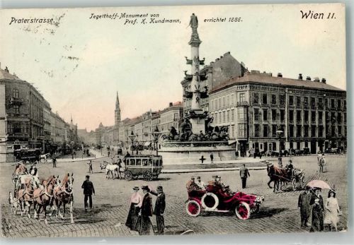 1020 Wien 2. Bezirk, Leopoldstadt 1909 - Praterstraße Praterstern Tegeltthoff Denkmal Pferdestraßenbahn Oldtimer