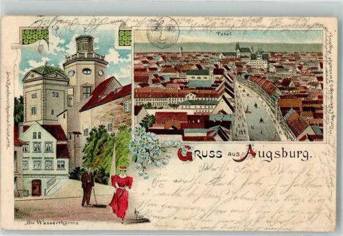 86150 W8900 Augsburg , Bay 1899 Gebrauchsspuren Lithographie Wasserturm Leim löst sich