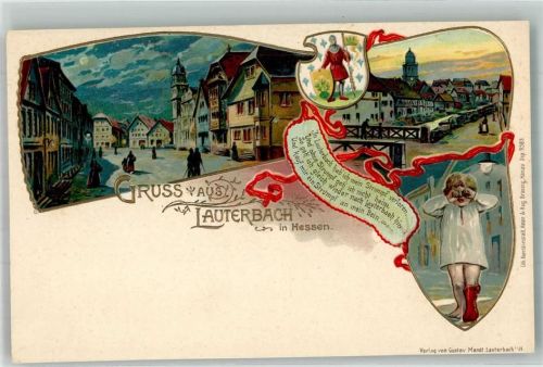 Lauterbach Lithographie Gruss aus Lauterbach Dorfstrasse Wappen Mädchen ohne Strumpf