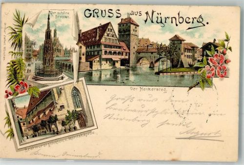90402 W8500 Nürnberg 1897 Lithographie Schöner Brunnen Hernkersteg Gasthaus Bratwurstglöcklein Moritzkapelle Ottmar Zieher