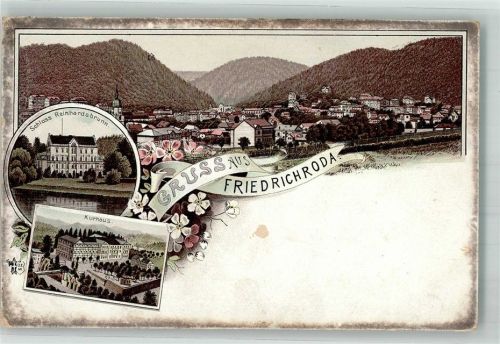 99894 O5804 Friedrichroda Lithographie / Künstlerkarte Panorama des Ortes Schloss Reinhardsbrunn Kurhaus