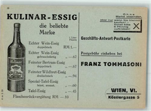 Wien Kulinar Essig Franz Thommasoni Bestellkarte