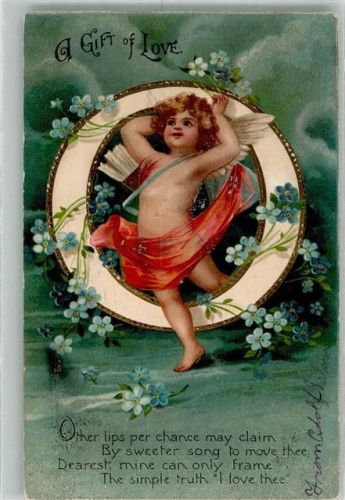 1906 Prägedruck Amor engel mit dem Buchstaben O + Vergissmeinnicht