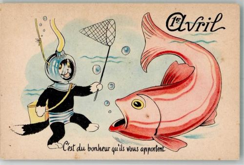 Katze als Taucher vermenschlicht , großer Fisch 1. April Künstlerkarte
