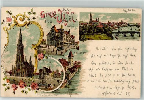 Ulm 1898 Rathaus Saalbau Metzgerturm Straßenbahn
