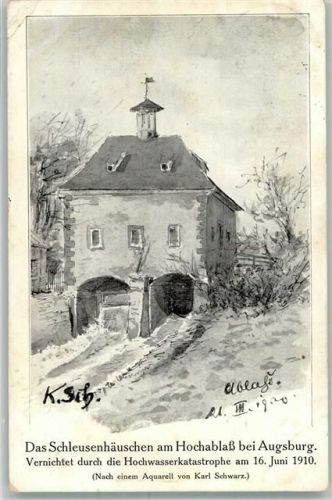86150 W8900 Augsburg , Bay 1910 Gebrauchsspuren sign. Schwarz Karl Schleusenhäuschen am Hochablass Künstlerkarte