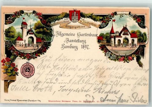 20095 W2000 Hamburg 1897 Lithographie Allg. Gartenbau Ausstellung Millerntor Holstentor Wappen