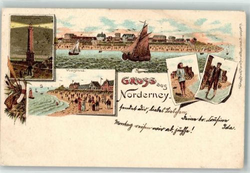 Norderney 1900 Leuchtturm Weststrand Lithographie