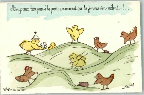 1914 - 1918 sign. H. Dupond Karikatur Küken spielen Krieg vermenschlicht