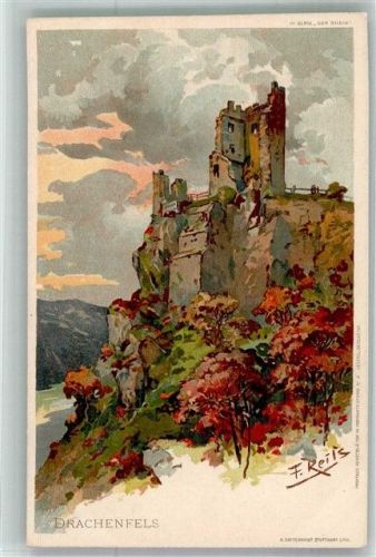 W5330 Königswinter Burg Drachenfels Reiss Fritz 1905 Lithographie / Künstlerkarte