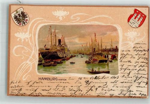 Hamburg 1903 Lithographie Hamburger Hafen Ozeandampfer Wappen Passepartout