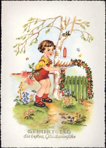 um 1940/50 Zum Geburtstag die besten Glückwünsche, Kind mit Kuchen, Vogel,J.L.M.,sign. H. von Klitzing
