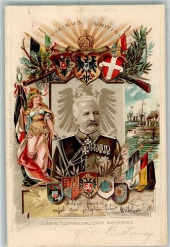 1903 General Graf Waldersee Wappen Fahnen Germania Patriotik Prägedruck