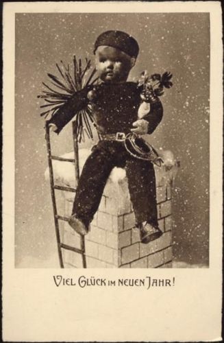 um 1920/30 Viel Glück im Neuen Jahr, Puppe als Schornsteinfeger