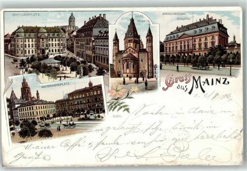55116 W6500 Mainz a Rhein 1896 Lithographie Schillerplatz Dom Grossherzogliches Schloss Gutenbergplatz Pavillon Straßenbahn Kutsche Blumen Gruss