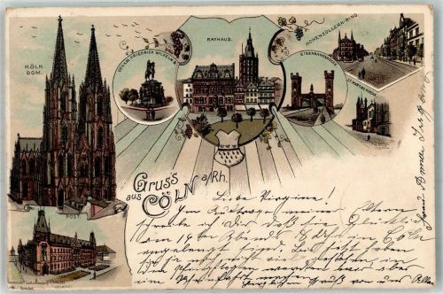 50667 W5021 Köln Altstadt-Nord 103 1903 Lithographie / Künstlerkarte Kölner Dom Denkmal Friedrich Wilhelm III Rathaus Eisenbahnbrücke Hohenzollernring St. Martins Kirche Postamt