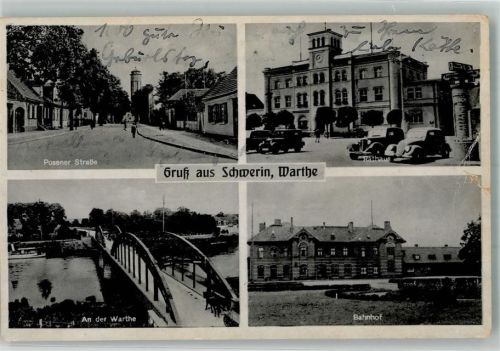 Schwerin a. Warthe 1942 Rathaus Auto Posener Straße Bahnhof Einriß
