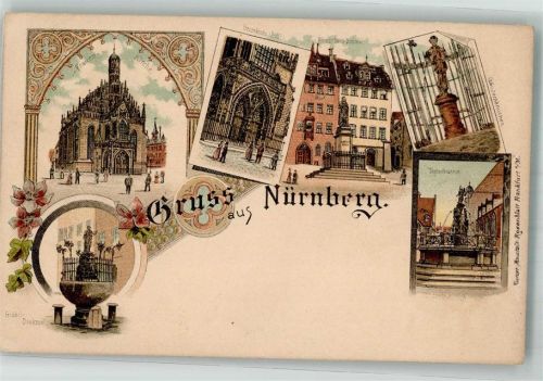 90402 W8500 Nürnberg Lithographie / Künstlerkarte Frauenkirche Grübel-Denkmal Albrecht-Dürer-Denkmal Gänsemännchen Tugendbrunnen