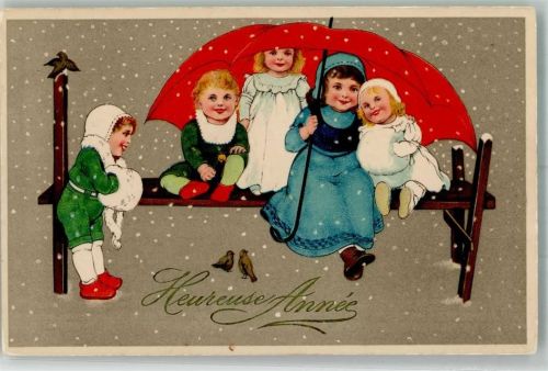 1909 Kinder Regenschirm Bank , es schneit Verlag PFB Nr. 8081 Heureuse Annee