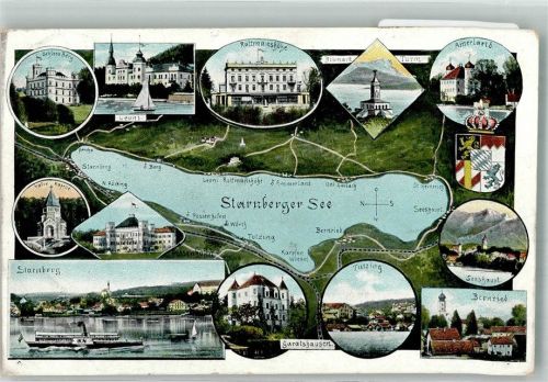 Starnberg 1908 Vogelschau Schloss Berg Amerland Seeshaupt Votiv Kapelle