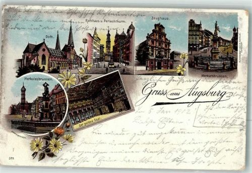 Augsburg 1902 Herkules Brunnen Rathaus Perlachturm Zeughaus
