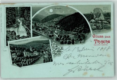 78098 W7740 Triberg im Schwarzwald 1898 Lithographie / Mondschein Wasserfall Wallfahrtskirche Gerwig-Denkmal