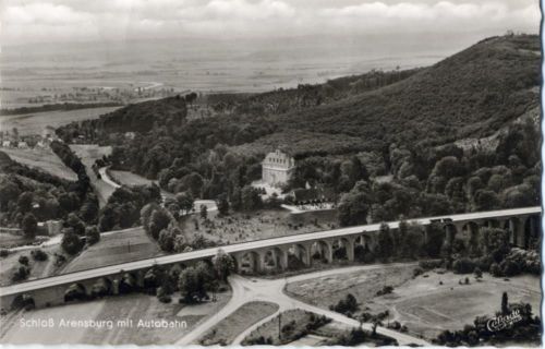 1961 Rinteln, Schloß (castle) Arensburg mit Autobahn (freeway),Cramers Kunstanstalt