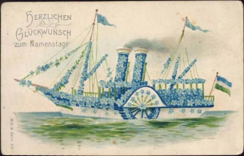 um 1900 Herzlichen Glückwunsch zum Namenstage, Raddampfer aus Blumen,