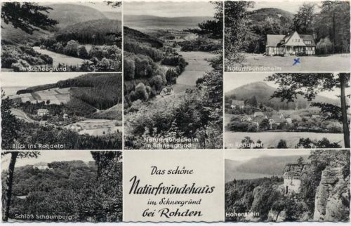 1962 Schneegrund/Rohden, Niedersachsen: Das schöne Naturfreundehaus, Schloss Schaumburg, Hohenstein, Rohdetal, Freikörperkultur, Foto-Ak Nr. CTM 23082,August Neitz