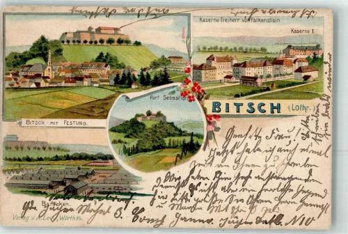 57230 Bitche 1903 Lithographie Festung Fort Sebastian Kaserne Freiherr von Falkenstein Baracken Blumen Kirche