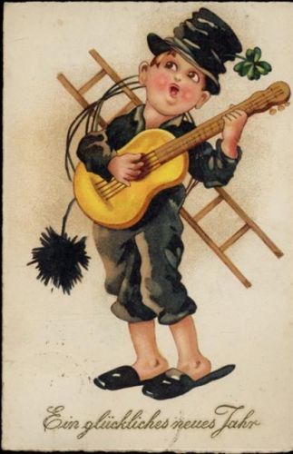 1931 Ein glückliches neues Jahr! Schornsteinfeger mit Gitarre, Kleeblatt.,WSSB