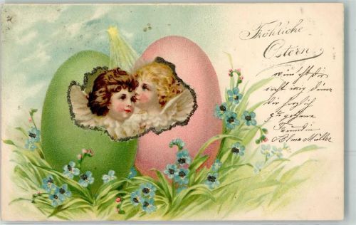 mit Glimmer - Glitzerauflage Engel Ostereier Vergissmeinnicht Ostern 1901 Lithographie