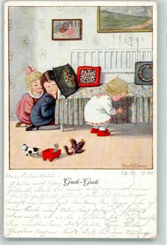 1924 August Rökl Nr. 1375 Guck-Guck Zwei Mädchen verstecken sich beim Versteck spielen hinter dem Bett