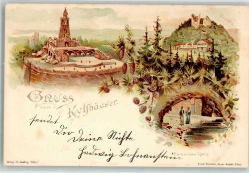 06567 O4712 Kyffhäuser 1901 Lithographie Nationaldenkmal Reiterdenkmal Rothenburg Barbarossa-Saal Tannenzapfen