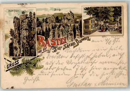 Bastei 1894 Lithographie Hotel Basteifelsen