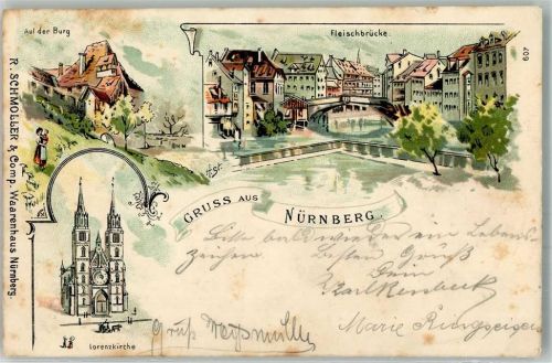 90402 W8500 Nürnberg 1898 Lithographie Fleischbrücke Lorenzkirche a.d. Burg