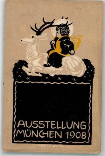 München 1908 Münchner Kindl mit Jagdhorn auf Hirsch Ausstellung München Leim löst sich
