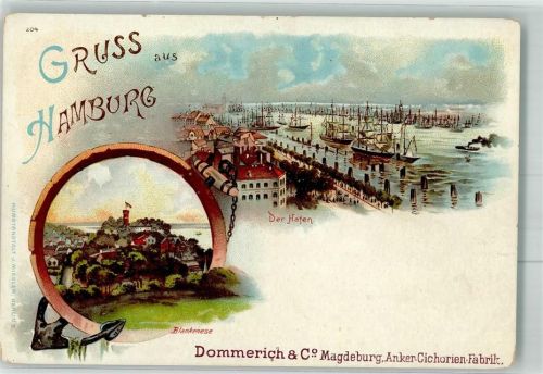 20095 W2000 Hamburg Lithographie Blankenese Hafen Dommerich u. Co. Anker Cichorien Fabrik