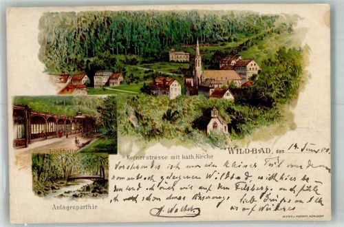 Bad Wildbad 1900 Lithographie Kernerstrasse Kath. Kirche Trinkhalle Anlagen