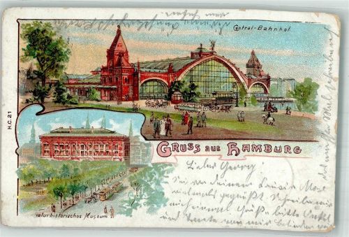 20095 W2000 Hamburg 1905 Lithographie / Künstlerkarte Hauptbahnhof Naturhistorisches Museum
