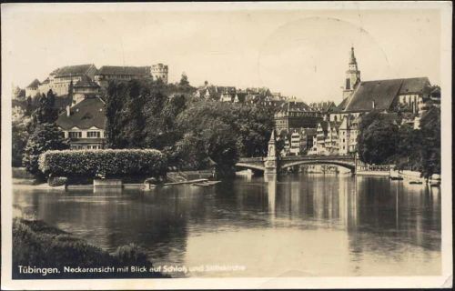 1940 Tübingen, Neckaransicht mit Blick auf Schloß und Stiftskirche.,Gebr. Metz Tübingen
