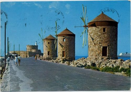 1972 - Rhodos, 3 Windmühlen (wind mill) und Leuchtturm (light house), Griechenland