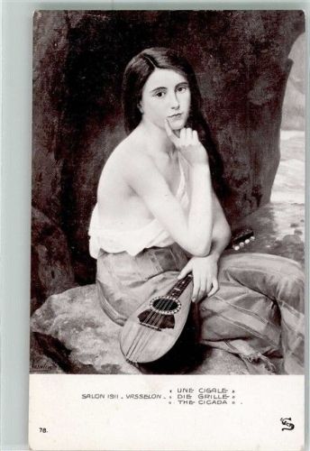 sign. Vasselon Die Grille Junge Frau mit Laute Salon 1911