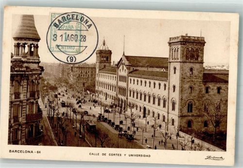 Barcelona 1928 Straßenbahn Calle de Cortes Universität Marke bildseitig