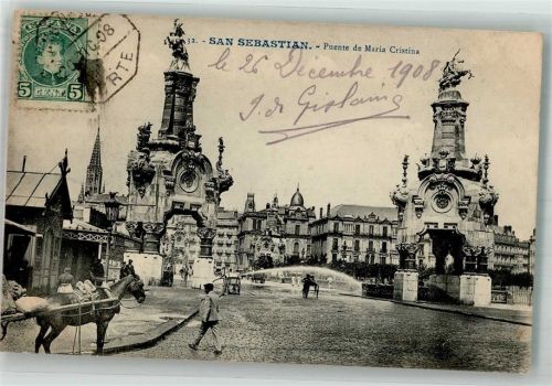 San Sebastian 1908 Puente de Maria Cristina Denkmal Marke bildseitig