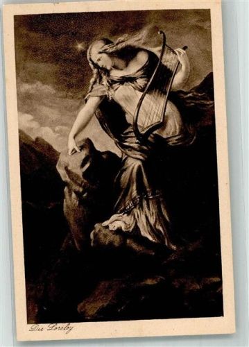 Loreley Schöne junge Frau mit Harfe auf dem berühmten Felsen Verlag Edm. von König Nr. 409