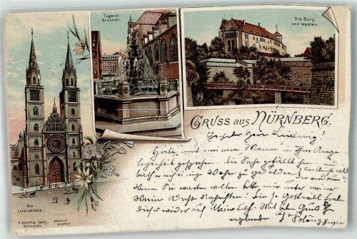 Nürnberg 1897 Lithographie Tugendbrunnen Lorenzkirche