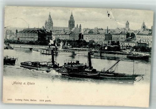 Mainz 1900 Panorama der Stadt mit Dom St. Martin Rheinschiff Raddampfer Mathias Stinnes Verlag Ludwig Feist 2528