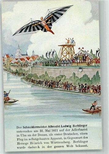 Ulm Schneidermeister Albrecht Ludwig Berblinger bei erstem Flugversuch von der Adlerbastein Schwäbischer Kunstverlag Nr. 118